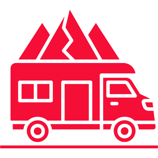 Minimalist camper van and mountains icon